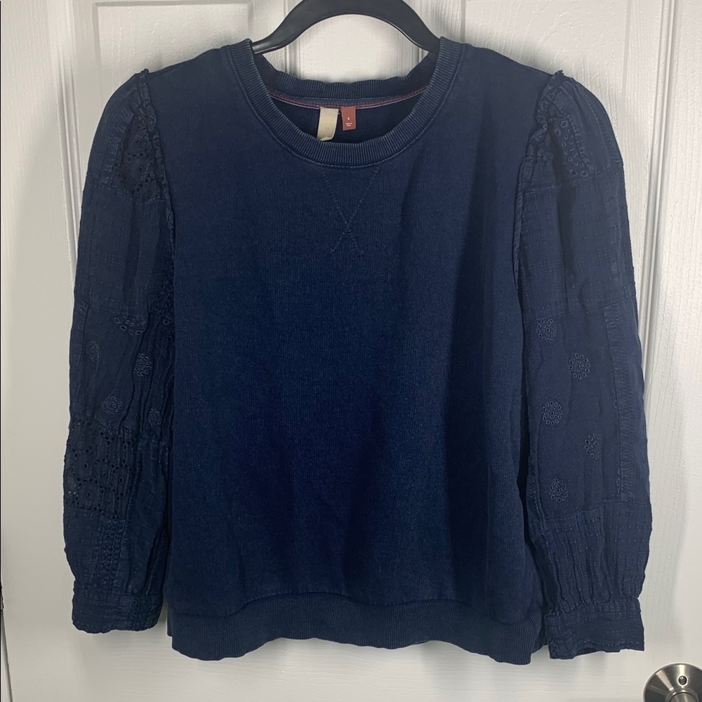 Pilcro navy blue sweatshirt with puff embroidered eyelet sleeves size small